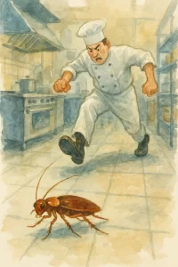Painting style image of a chef chasing a roach in his kitchen