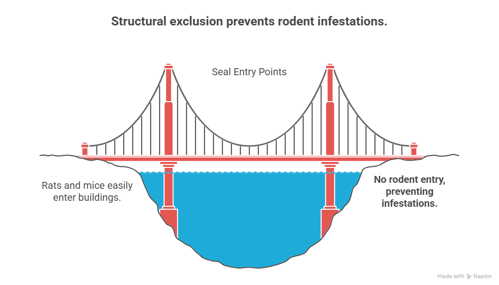 This is a diagram that uses a visual metaphor to explain the concept of "structural exclusion" for preventing rodent infestations.The main title at the top reads, "Structural exclusion prevents rodent infestations."The central image is a red and white suspension bridge over a body of blue water. The bridge represents a building or structure that needs to be protected.The diagram is split into two sides to show a before-and-after or problem-and-solution scenario:On the left side, the text says, "Rats and mice easily enter buildings." Visually, the land or foundation where the bridge connects is open and accessible from the water level, illustrating an easy entry point.On the right side, the text says, "No rodent entry, preventing infestations." Here, the foundation of the bridge has been extended downwards, creating a barrier that seals off access from the outside.A label above the bridge's towers points to them and reads, "Seal Entry Points," reinforcing the main action required for structural exclusion.In essence, the image uses the analogy of fortifying a bridge to demonstrate that sealing potential entry points in a building is an effective first line of defense against rodents like rats and mice.