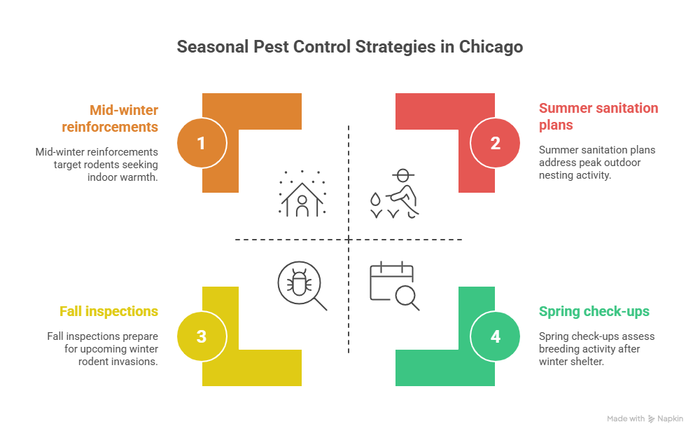 This first image is an infographic titled "Seasonal Pest Control Strategies in Chicago." It presents a year-round, four-step approach to managing pests, particularly rodents, with each step corresponding to a different time of year.