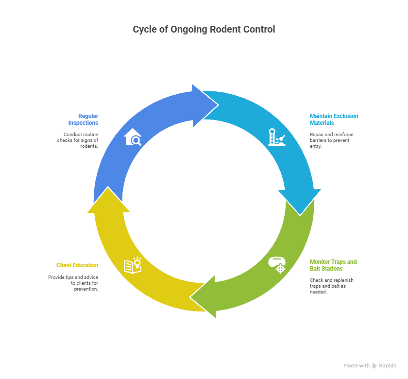 This is a circular flow diagram illustrating the "Cycle of Ongoing Rodent Control." The diagram consists of four colored, curved arrows arranged in a clockwise circle, each representing a key stage in the process.Here is a breakdown of the four stages, moving clockwise from the top left:Regular Inspections (Blue): This stage is represented by an icon of a house with a magnifying glass over it. The text reads, "Conduct routine checks for signs of rodents."Maintain Exclusion Materials (Cyan): Following the inspections, this stage shows an icon of a tool, possibly a caulking or sealant gun. The description is, "Repair and reinforce barriers to prevent entry."Monitor Traps and Bait Stations (Light Green): The third stage features an icon of a rodent bait station or trap. The accompanying text says, "Check and replenish traps and bait as needed."Client Education (Yellow): The final stage in the cycle has an icon of an open book with a lightbulb above it, symbolizing knowledge and ideas. The text explains this step is to, "Provide tips and advice to clients for prevention."The arrows indicate that this is a continuous, repeating cycle where client education leads back to the need for regular inspections, ensuring a comprehensive and ongoing approach to rodent control.