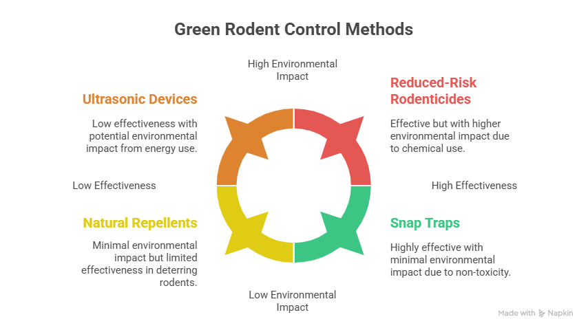This image is an infographic titled "Green Rodent Control Methods." It uses a circular, four-quadrant chart to evaluate four different approaches to rodent control based on two criteria:Effectiveness (from low to high on the horizontal axis)Environmental Impact (from low to high on the vertical axis)