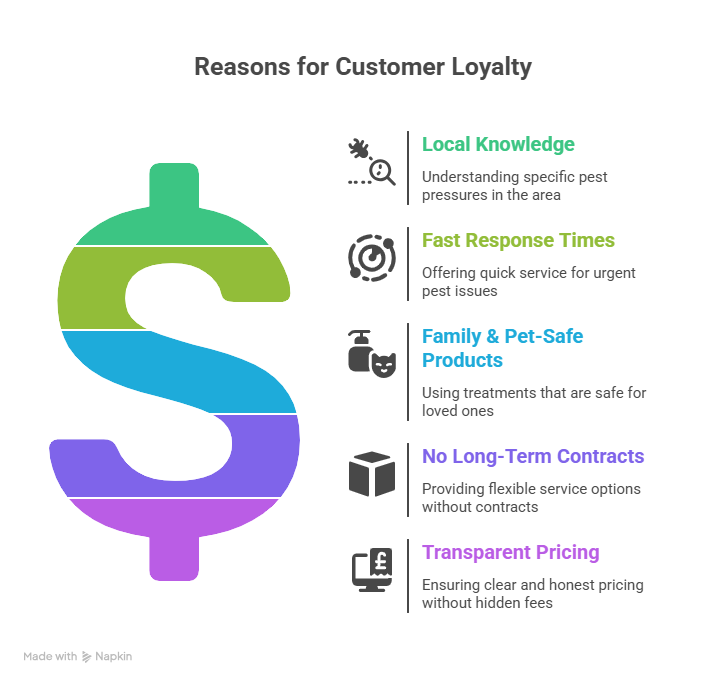 This is a marketing infographic titled "Reasons for Customer Loyalty." The visual style is modern and clean, set against a black background.On the left side of the image, there is a large, stylized dollar sign ($) that is divided into five horizontal-colored bands. The colors, from top to bottom, are mint green, lime green, cyan, dark purple, and a lighter purple/magenta.On the right, there is a corresponding list of five reasons for customer loyalty. Each reason is accompanied by a small white icon, and the title of each reason is highlighted in a color that matches one of the bands on the dollar sign.
