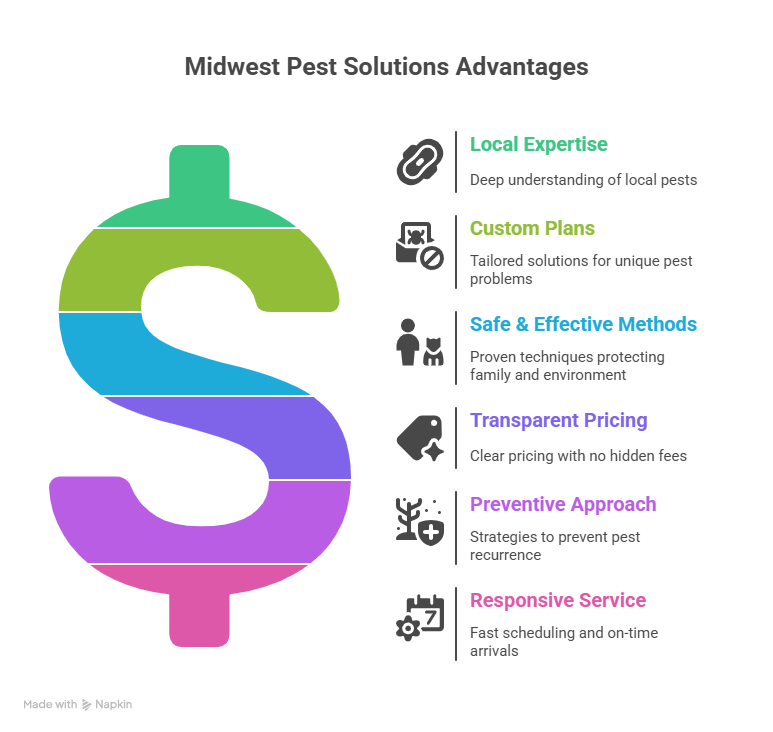 This is an infographic from "Midwest Pest Solutions" that outlines the company's key advantages. The image has a dark background and features a large, stylized dollar sign ($) on the left, which is colorfully segmented into six horizontal bands.