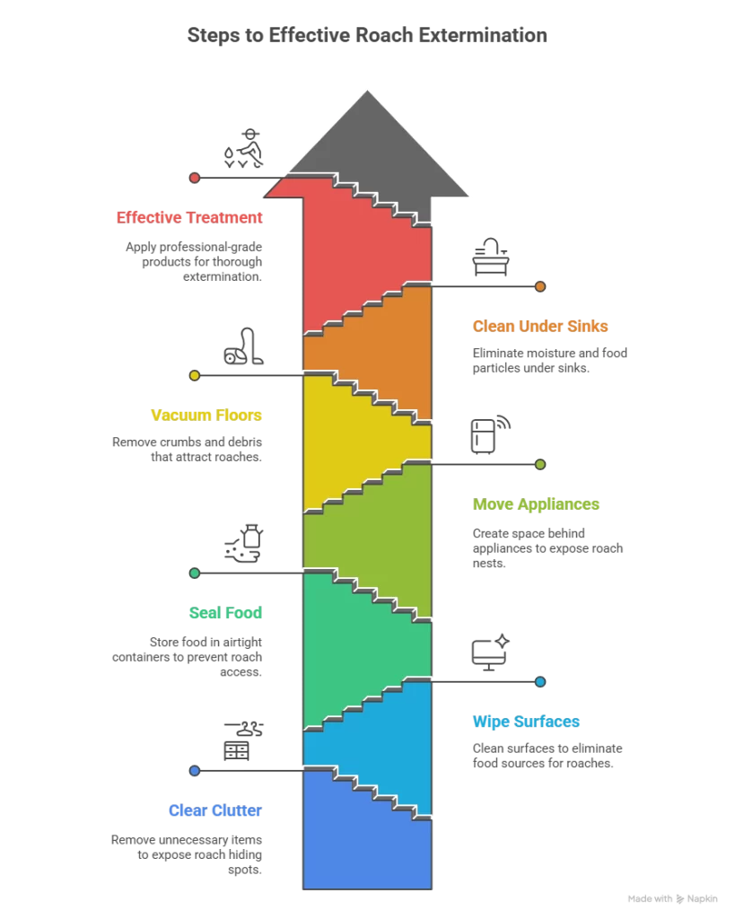 This is an infographic titled "Steps to Effective Roach Extermination." The image uses a central graphic of a large, upward-pointing arrow designed to look like a set of stairs to illustrate a seven-step process. The background is black, making the colorful steps stand out.Each step is represented by a different colored section of the stair-arrow, starting from the bottom and moving up. Each step includes a title, a brief description, and a simple white icon.