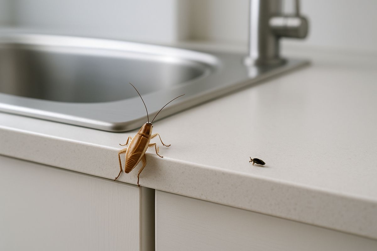 A close-up kitchen scene showing a small tan cockroach with two dark stripes near its head crawling along the edge of a cabinet beside a sink, with a second darker tiny nymph nearby on a countertop