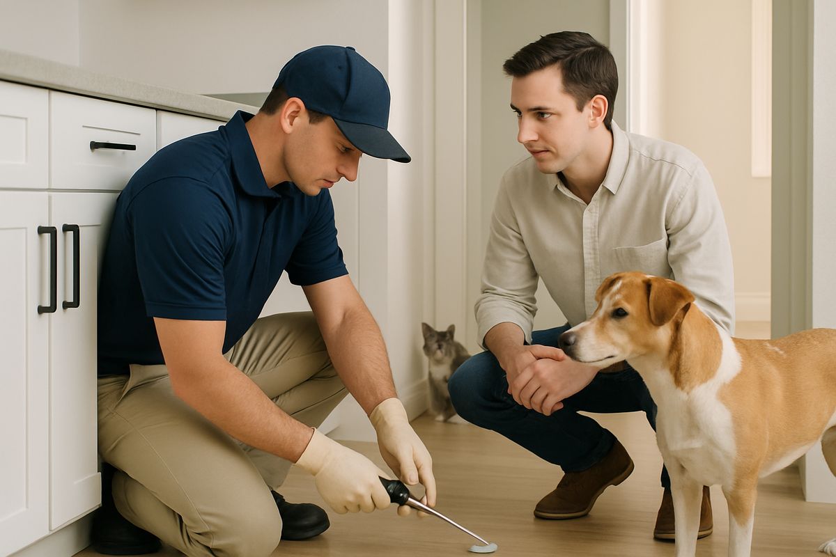 A homeowner kneeling beside a kitchen baseboard while a dog stands nearby and a cat watches from the doorway, with a pest control technician carefully placing treatment in hidden cracks under cabinets