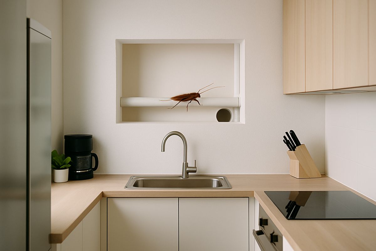 A narrow apartment kitchen with an open wall gap behind a sink, showing a cockroach moving along a pipe opening from one unit into another through shared plumbing space