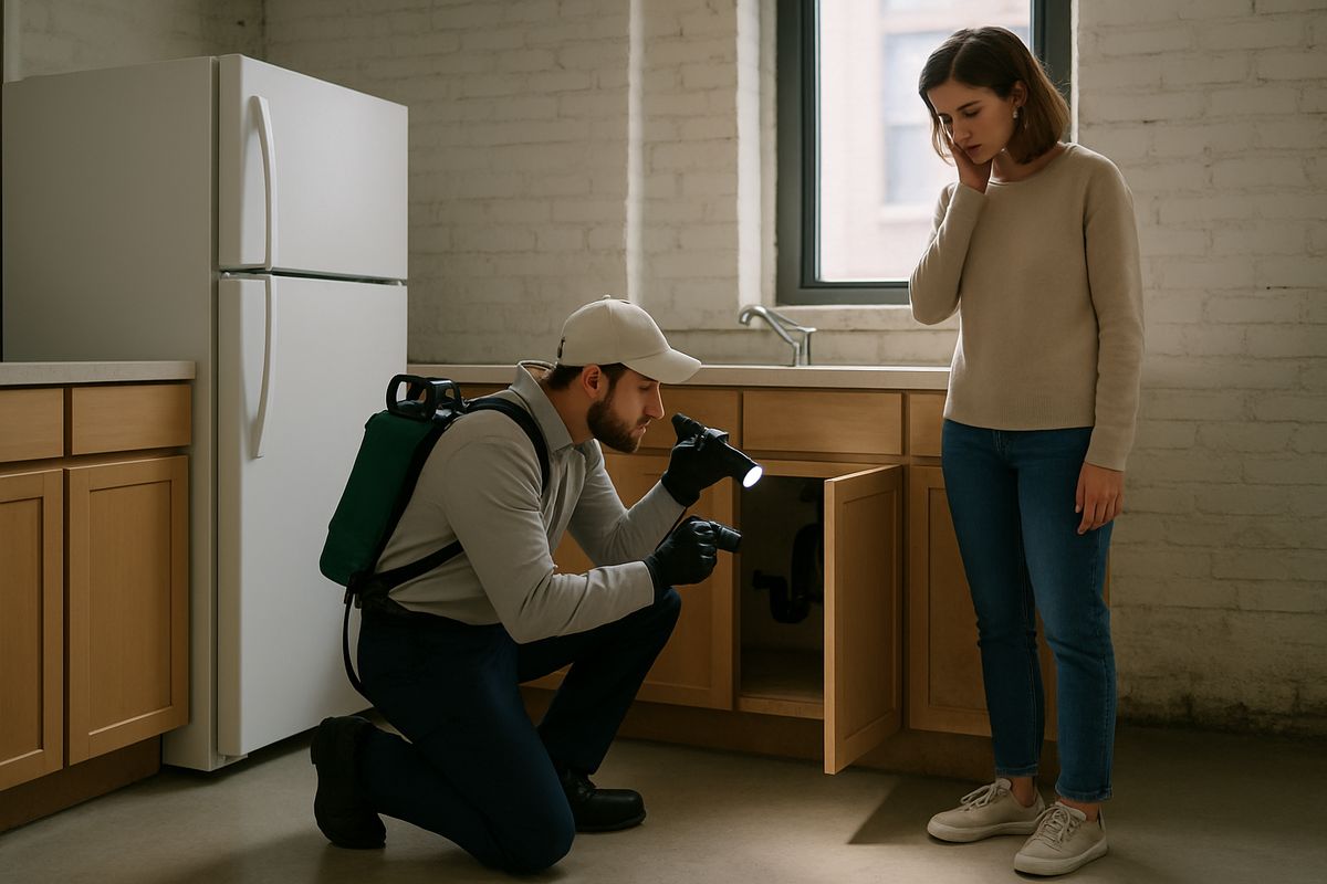 A pest control technician kneeling in a Chicago apartment kitchen, using a flashlight to inspect under a sink and along the baseboards while a homeowner stands nearby looking concerned, with a refrigerator, cabinets, and a damp basement-style setting in view