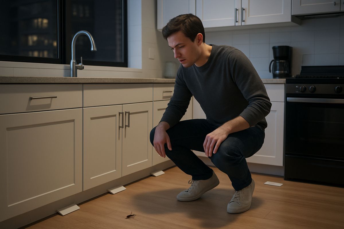 A Chicago apartment kitchen at night with a person spotting a single roach crossing the floor near the sink, while a few sticky traps sit along the baseboards and cabinets