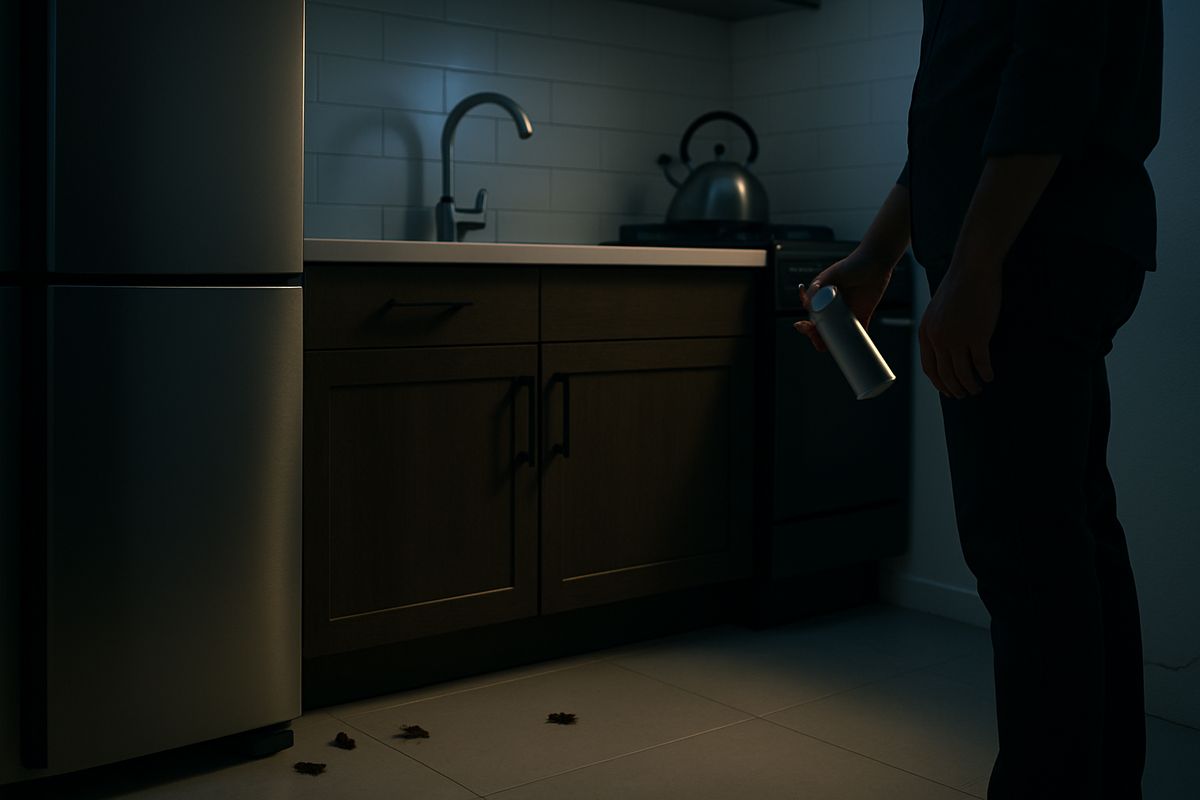 A dim kitchen at night with a person standing near a stove holding a spray can, while several small cockroaches are visible near the base of the refrigerator, under a sink cabinet, and along a wall crack
