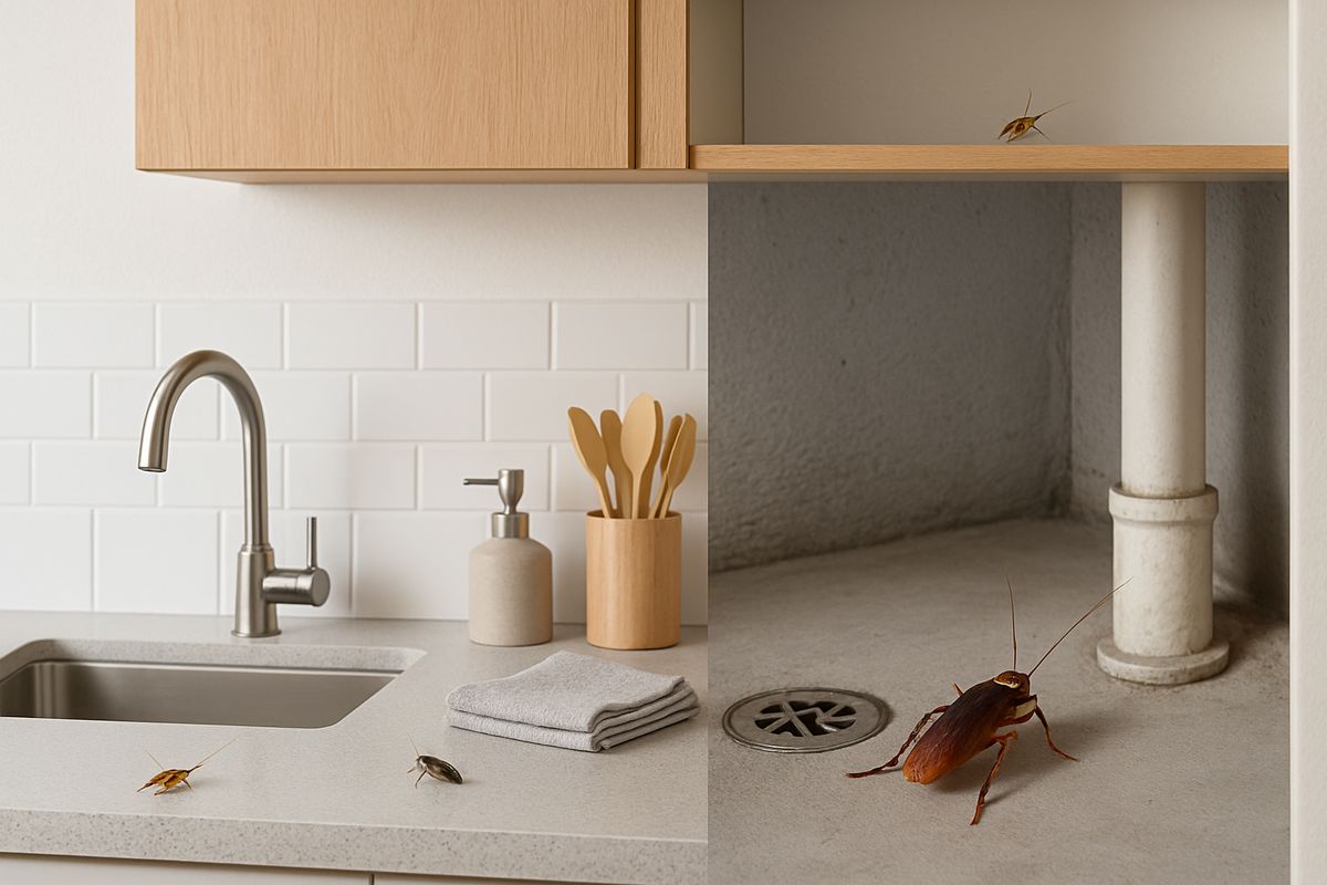 A kitchen counter with a small tan cockroach near the sink, a dark roach beside a basement drain, a large reddish-brown roach near a boiler pipe, and a small banded roach on an upper cabinet shelf, showing the four common Chicago species in different locations