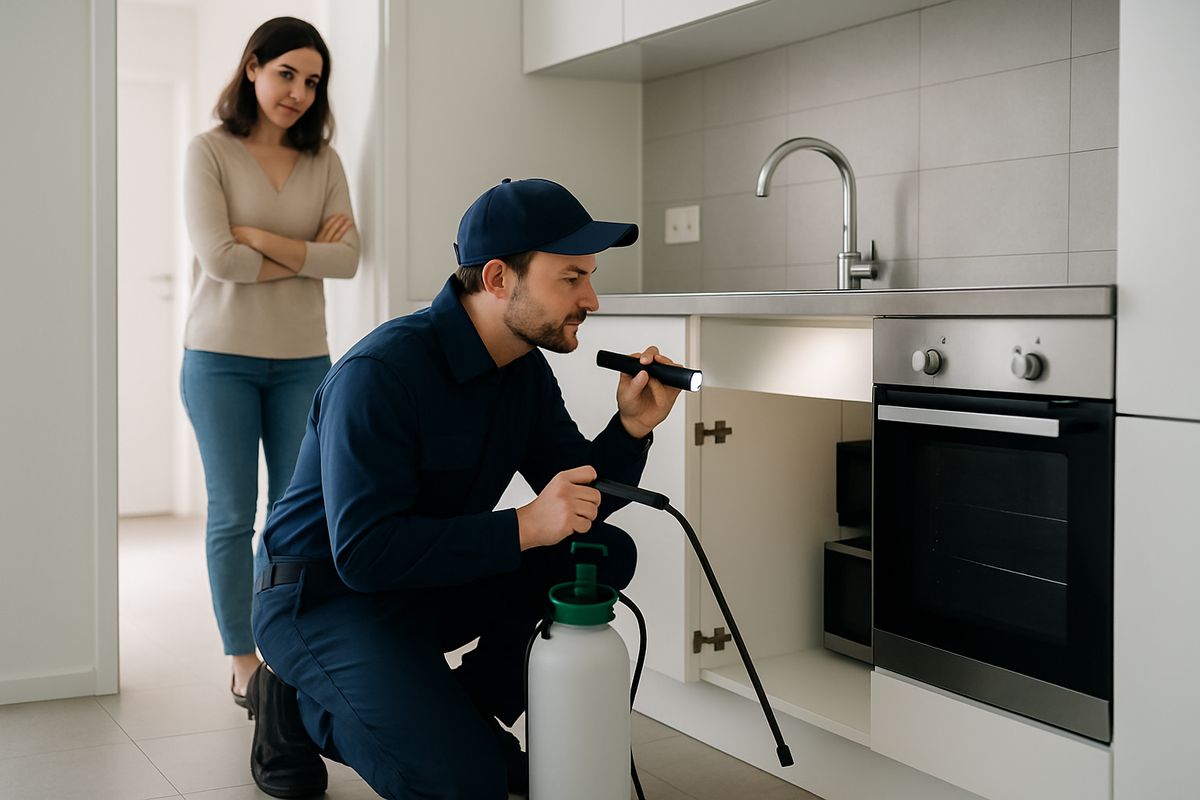 A pest control technician kneeling in a kitchen and using a flashlight to inspect under the sink and behind appliances while a homeowner watches from the doorway
