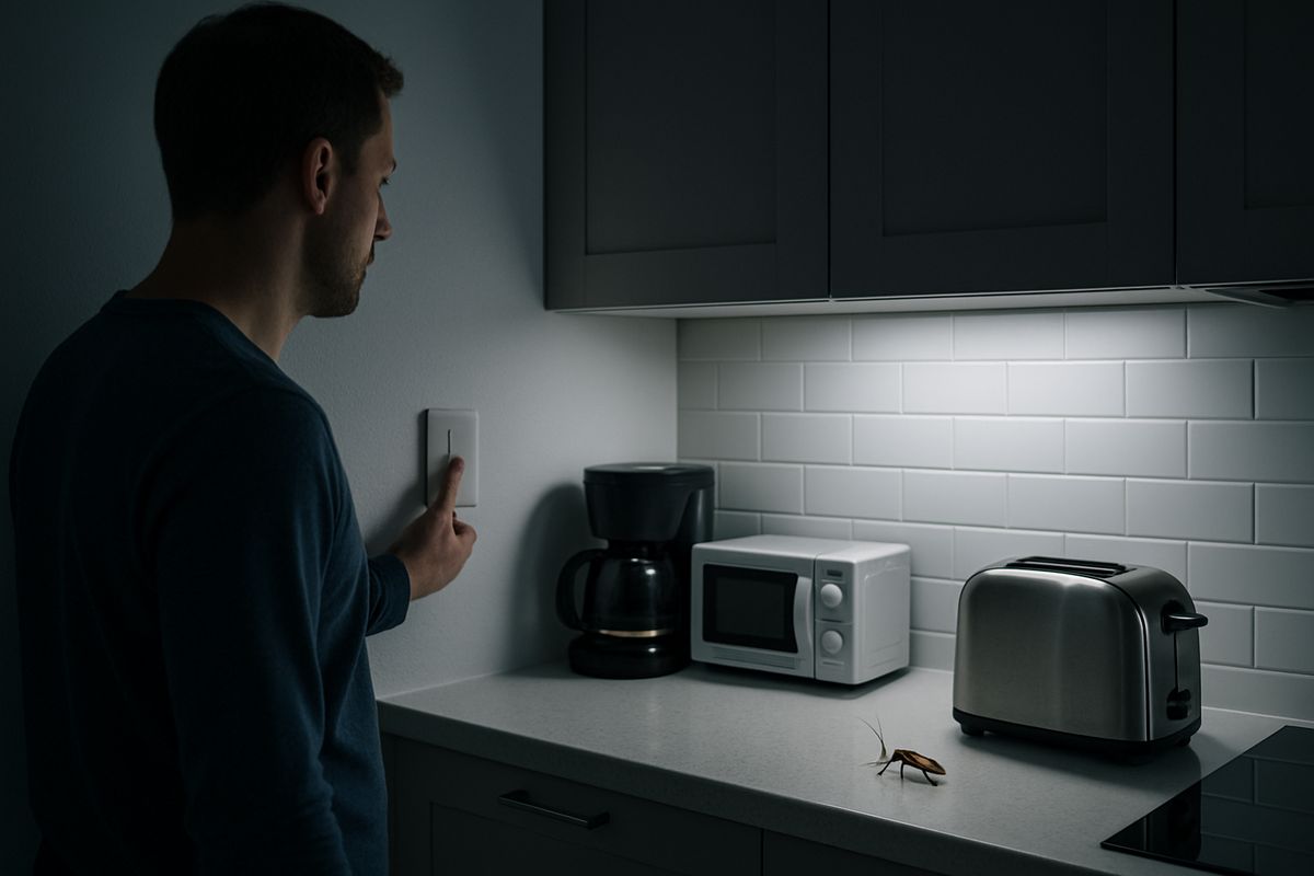 A nighttime kitchen scene with a person standing at the light switch, staring at a cockroach near a toaster on the counter while other appliances and cabinet gaps suggest hidden places where insects could be sheltering