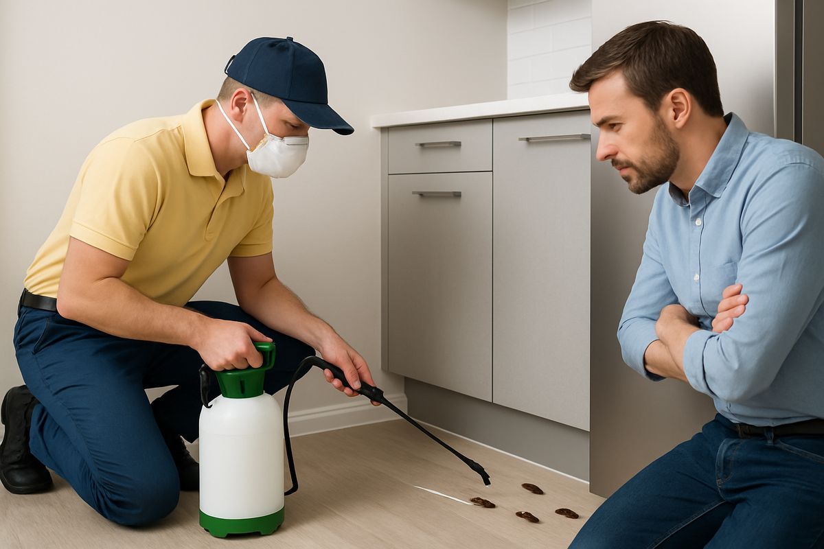 A kitchen corner with a technician's spray-treated baseboards, a few cockroaches moving out from behind a refrigerator and cabinet gaps, and a homeowner standing back and watching the activity with concern