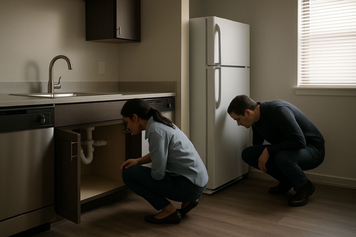 A dim apartment kitchen with a person crouched down and inspecting behind a stove and refrigerator while another person checks under the sink cabinet, with the dishwasher, plumbing pipes, and cabinet gaps visible
