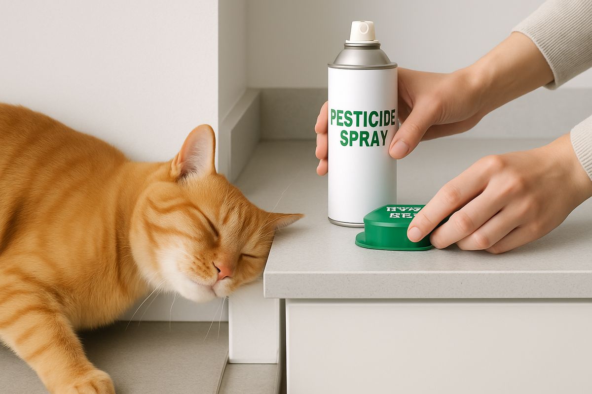 A close view of a cat rubbing against a kitchen floor edge while a person keeps pesticide spray and bait tools out of reach on a countertop, showing careful placement around pets