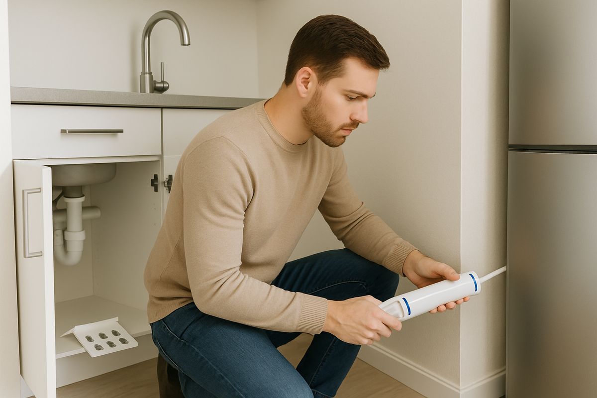 A tenant placing sticky roach traps under a kitchen sink and behind a refrigerator while also sealing a pipe gap with caulk in a small apartment kitchen