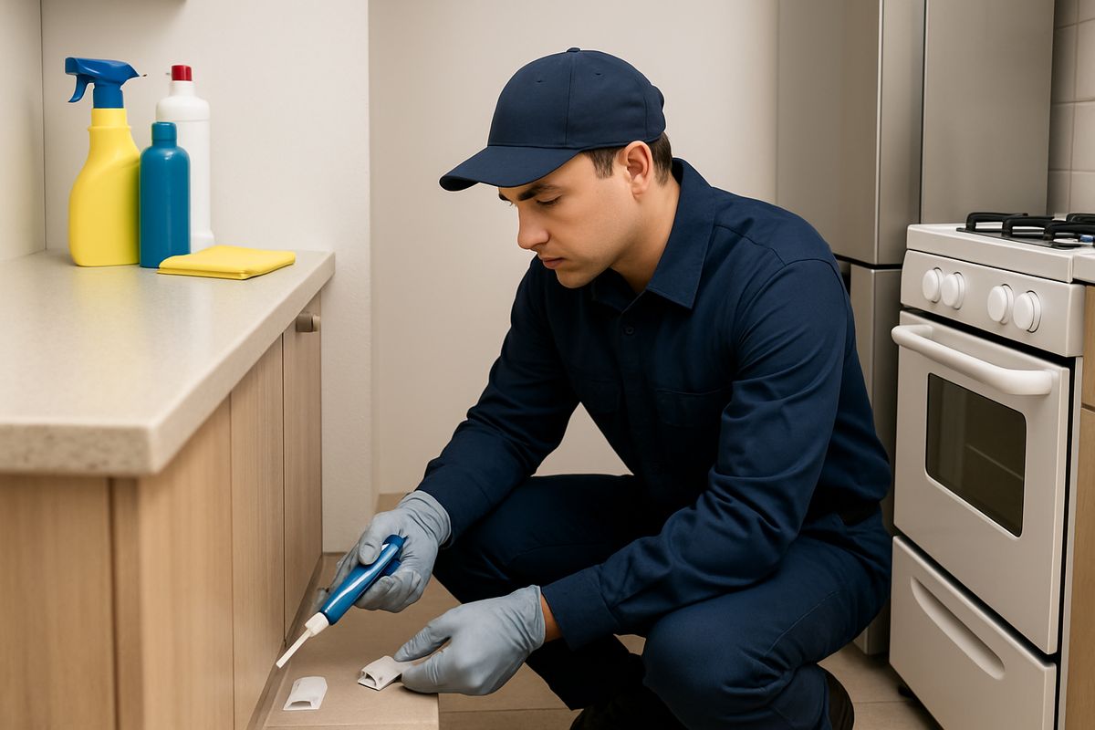 A technician applying bait into a tight crack behind a stove and placing small monitoring traps along a kitchen wall, with cleaning supplies, a fridge, and cabinet edges visible in a neatly lit residential kitchen