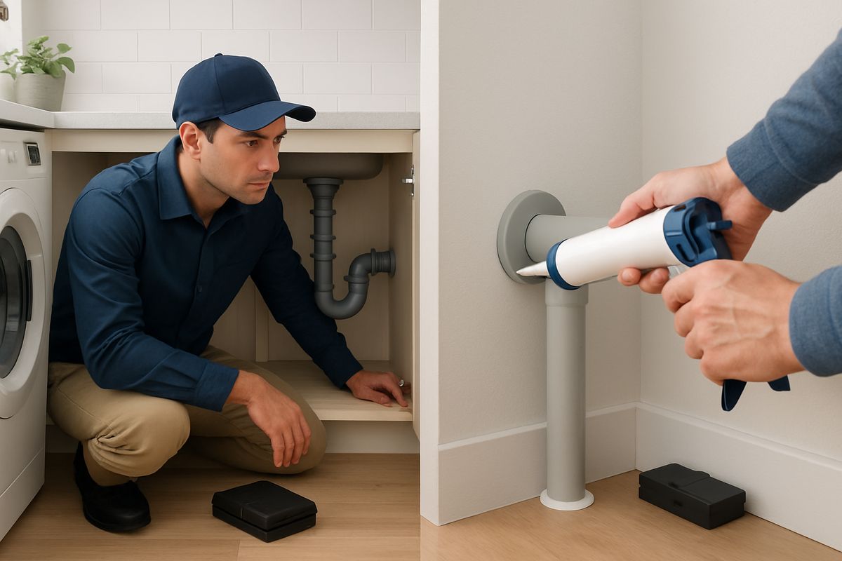 A home maintenance scene showing a technician inspecting under a kitchen sink, another person sealing a gap around a pipe with caulk, and traps placed near appliances and along a wall