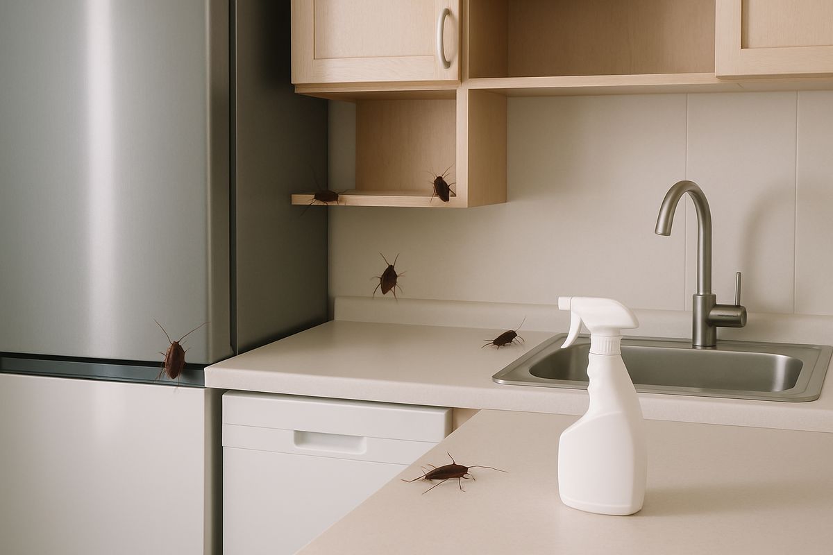 A cluttered apartment kitchen showing cockroaches hiding behind a refrigerator, under a dishwasher, inside a cabinet corner, and near a pipe opening, with a spray bottle lying on the counter unused