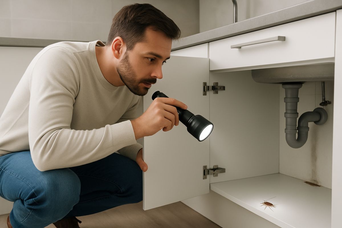 A homeowner crouching with a flashlight in a kitchen, looking under a sink and along cabinet edges while another roach is visible near a damp plumbing gap, suggesting a quick inspection of size, color, markings, and hiding place