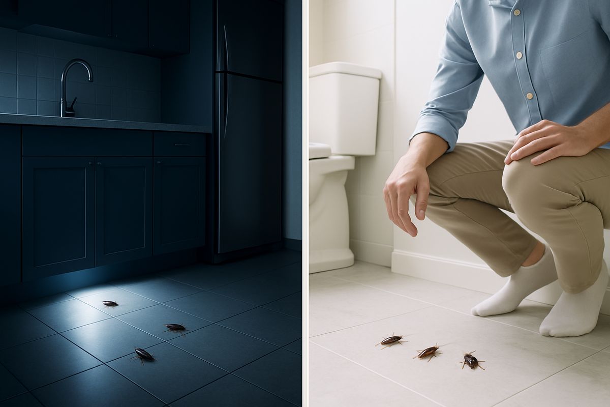 A nighttime kitchen scene with a few cockroaches visible on the floor near a sink and refrigerator, alongside a daytime bathroom scene where a person notices roaches near the baseboard