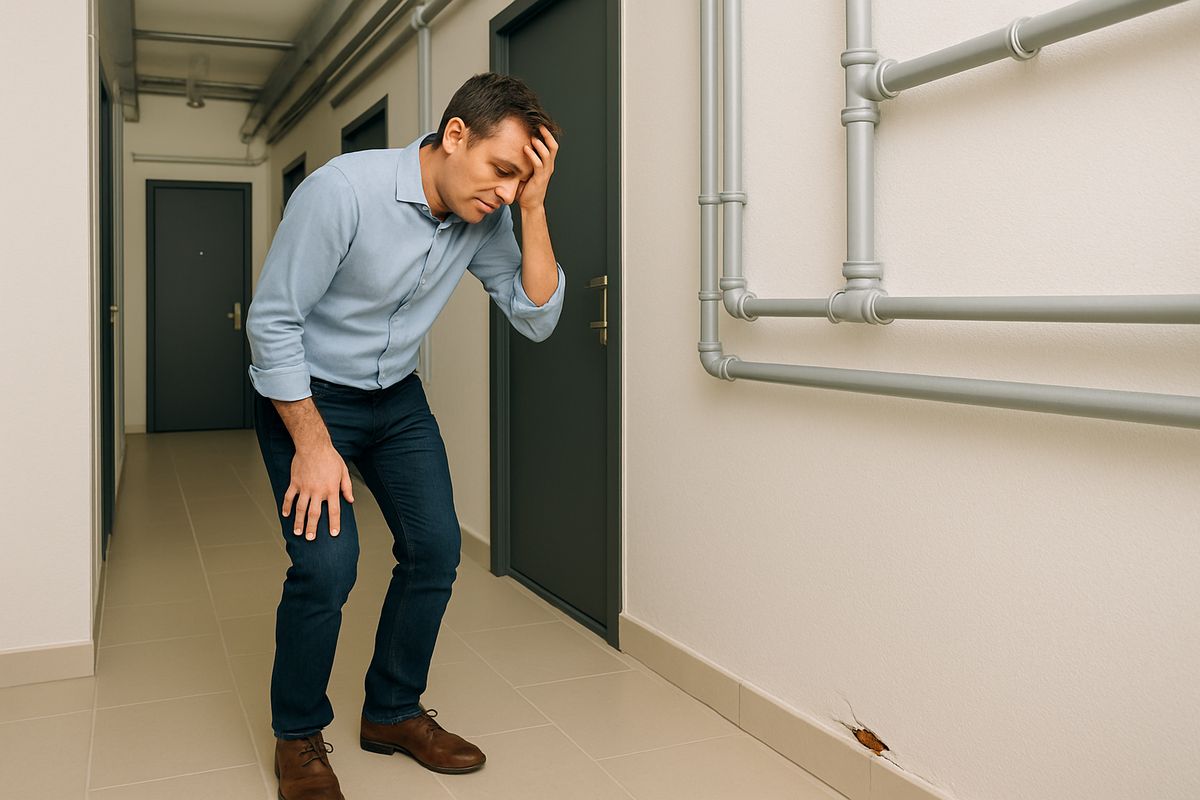 An apartment hallway with several connected doors, visible plumbing pipes and utility chases along the walls, and a tenant looking frustrated outside one unit while a roach moves near a baseboard crack