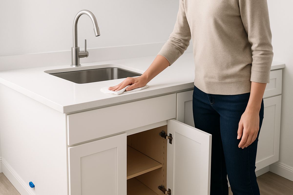 A person wiping a clean kitchen countertop and sink while leaving the baseboards, cabinet cracks, and small bait placements untouched near the floor and inside an open cabinet