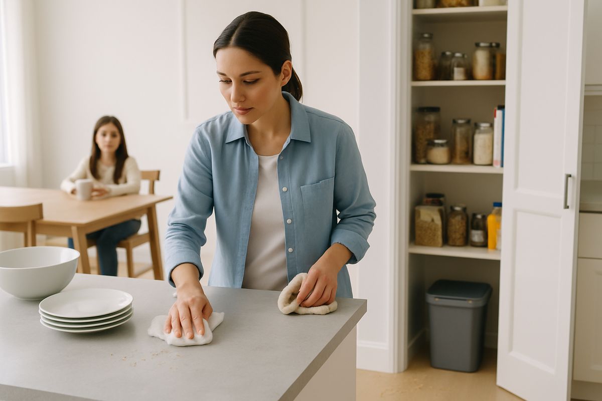 A family kitchen where an adult wipes a counter near dishes and a child sits at the table in the background, while an open pantry, trash bin, and crumbs on the floor suggest contamination concerns