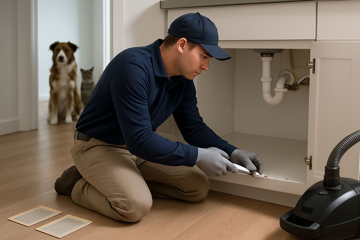 A pest control technician applying small gel bait dots inside an open cabinet under the sink while a dog and cat remain in another room, with glue traps and a vacuum nearby on the floor