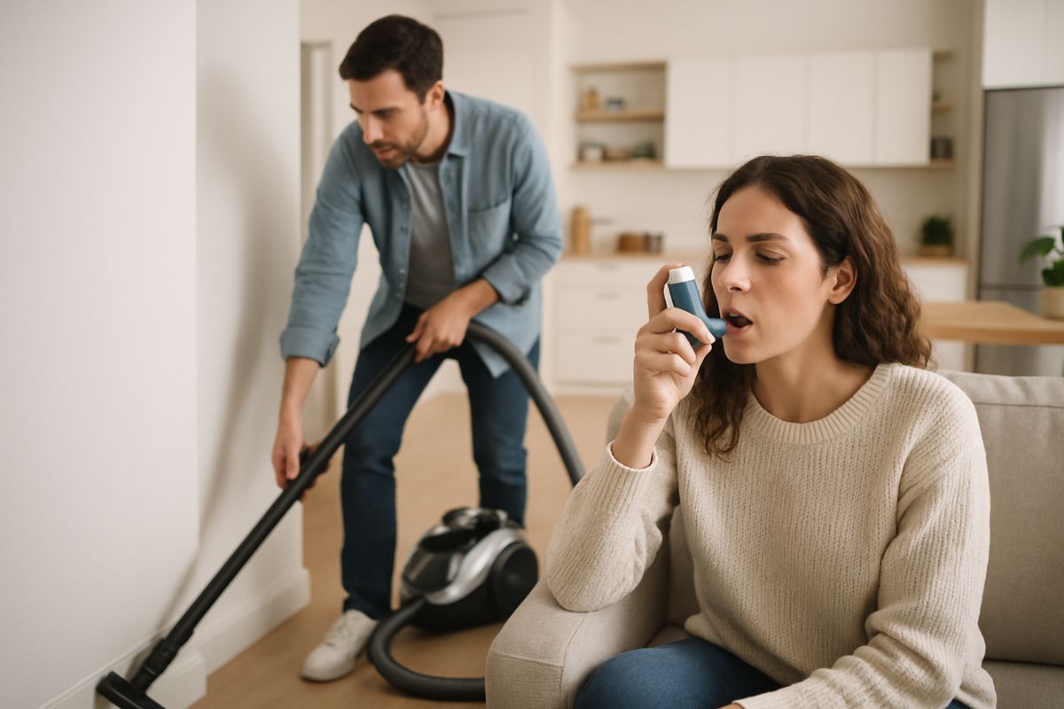A person in an apartment living room using a vacuum near baseboards while another person holds an inhaler on a couch, with a kitchen visible in the background to suggest roach allergens affecting indoor air