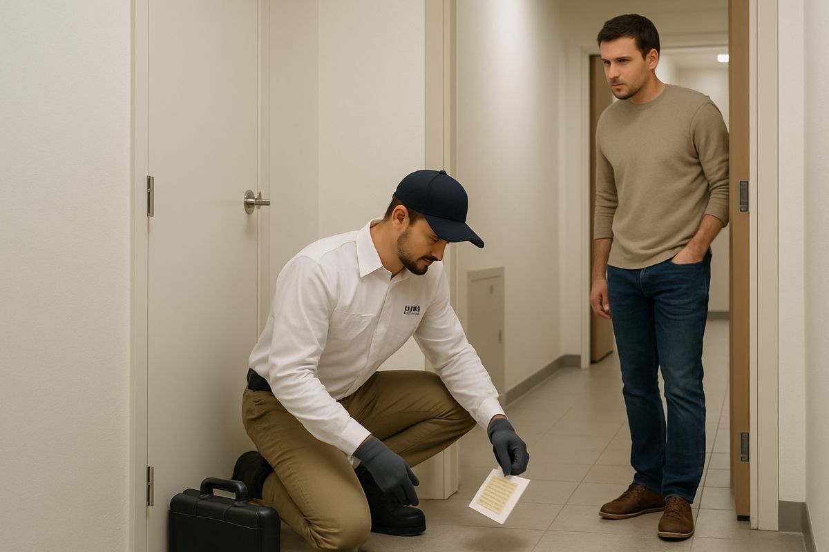 A pest control professional returning for a follow-up visit in a multi-unit apartment hallway, checking sticky traps and inspecting around a shared utility closet while a resident watches from an open apartment doorway