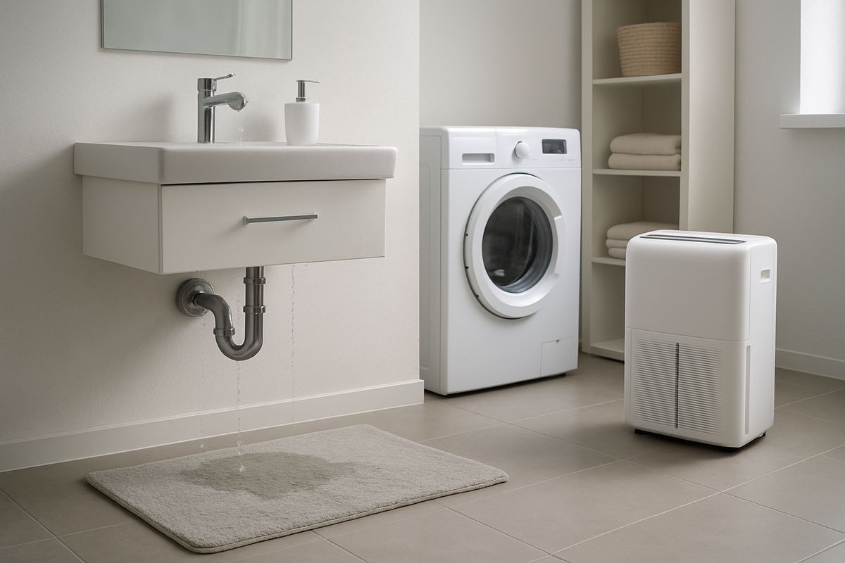 A bathroom and laundry area with a leaky pipe under the sink, a damp bath mat on the floor, condensation on plumbing, and a utility corner with a dehumidifier nearby