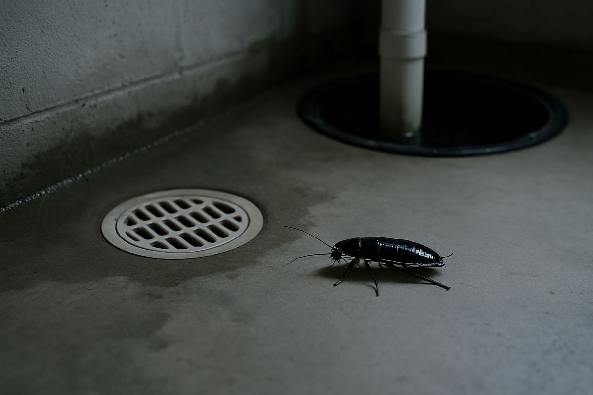 A dim, damp basement with a floor drain, sump pump pit, and damp foundation wall, where a glossy dark cockroach is crawling along the wet concrete near the drain