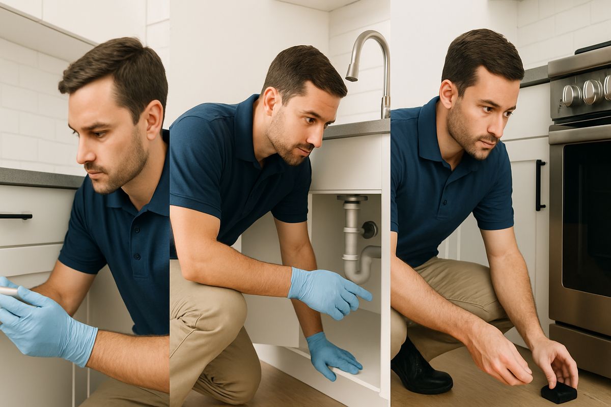 A technician placing bait gel into cracks along a kitchen cabinet, checking a wall void near plumbing, and setting small monitoring traps behind a stove