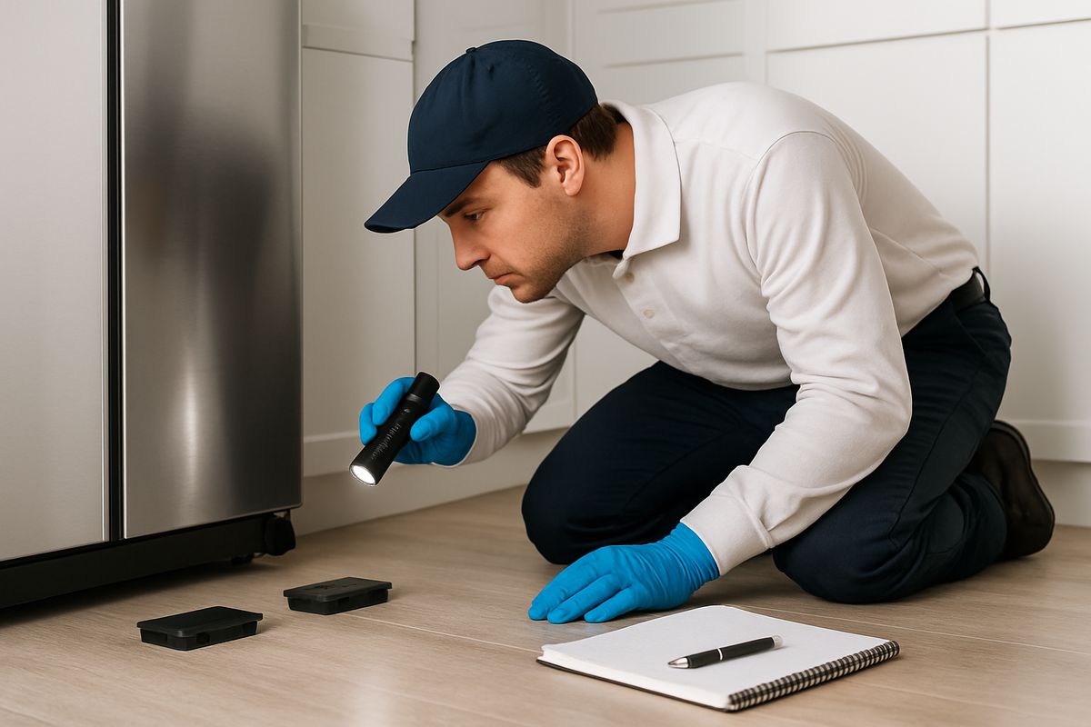 A pest control technician wearing gloves and kneeling in a kitchen to inspect under a refrigerator and along cabinet edges, with bait stations, a flashlight, and a notebook laid out nearby