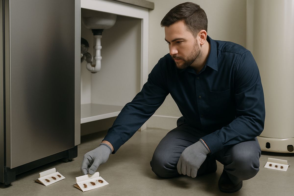 Several sticky roach monitors placed behind a refrigerator, under a sink, and beside a water heater in a dim utility area, with a pest control professional checking them during an inspection