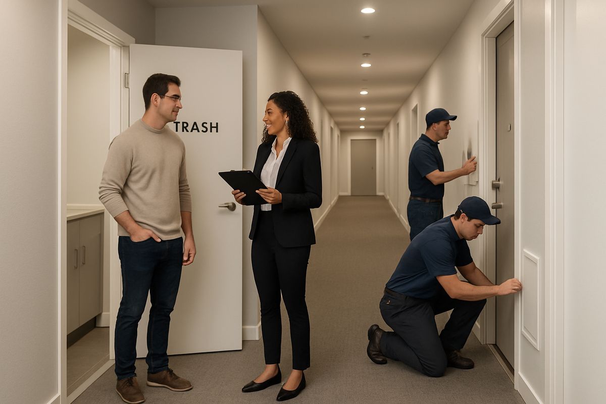 An apartment building hallway with a resident speaking to a property manager near a shared trash room, while maintenance workers inspect door sweeps and plumbing access panels in the corridor