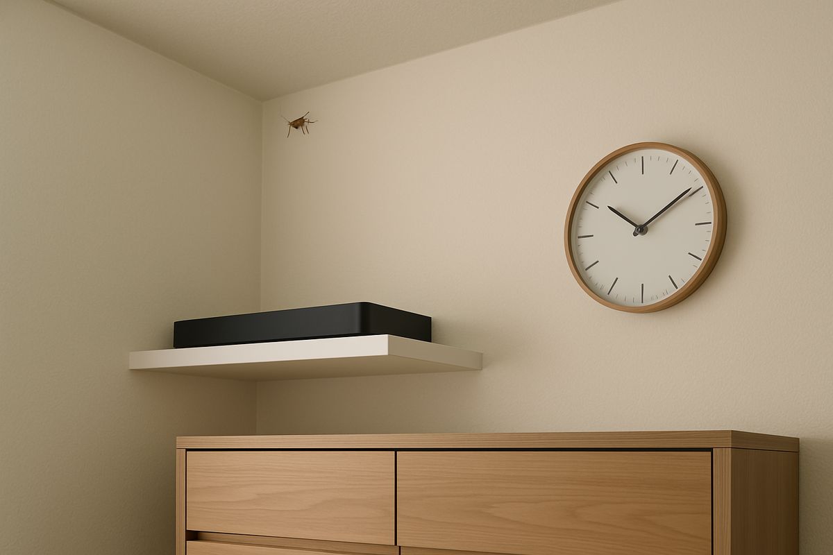 A bedroom or living room with a ceiling corner, a shelf above an electronic device, a wall clock, and a dresser, where a small cockroach is hiding near the top edge of the room in a warm, dry area