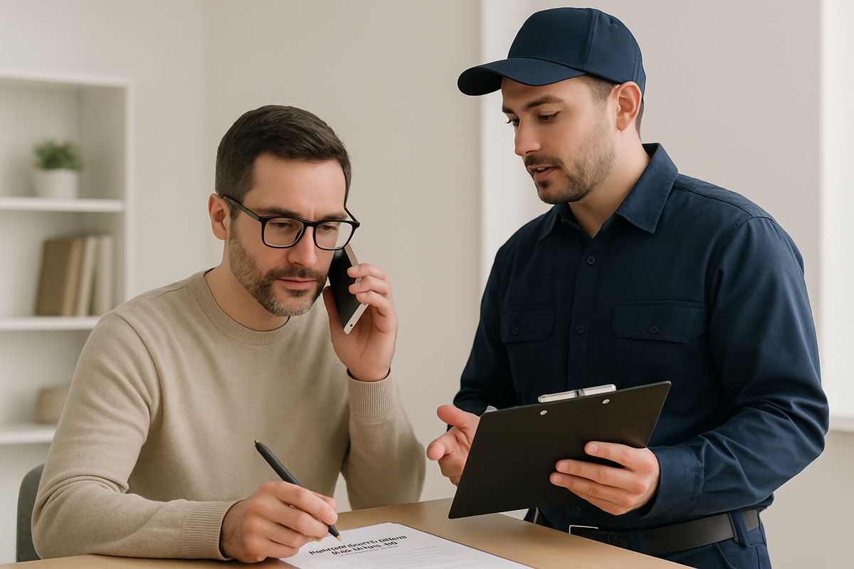 A homeowner at a table comparing pest control service documents with a clipboard and phone while a uniformed technician stands nearby discussing the inspection plan