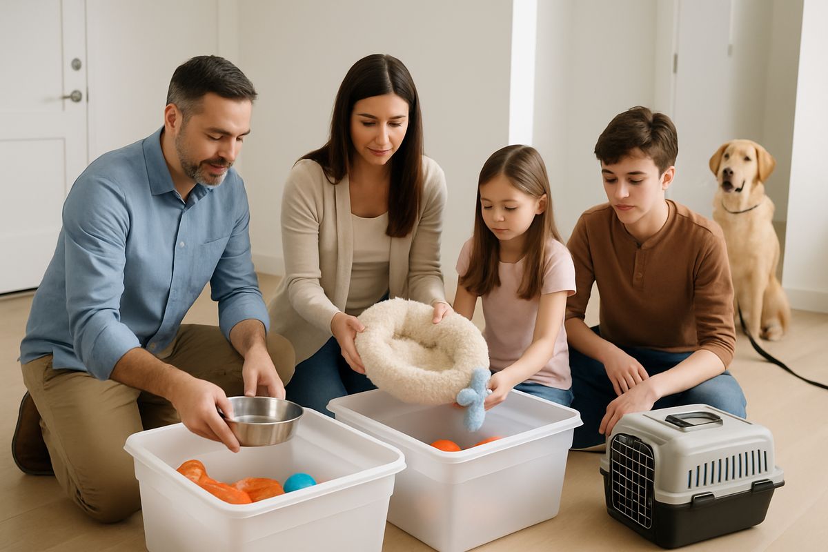 A family packing away pet bowls, toys, and bedding into storage bins while a cat carrier sits by the door and a dog waits on a leash near the hallway