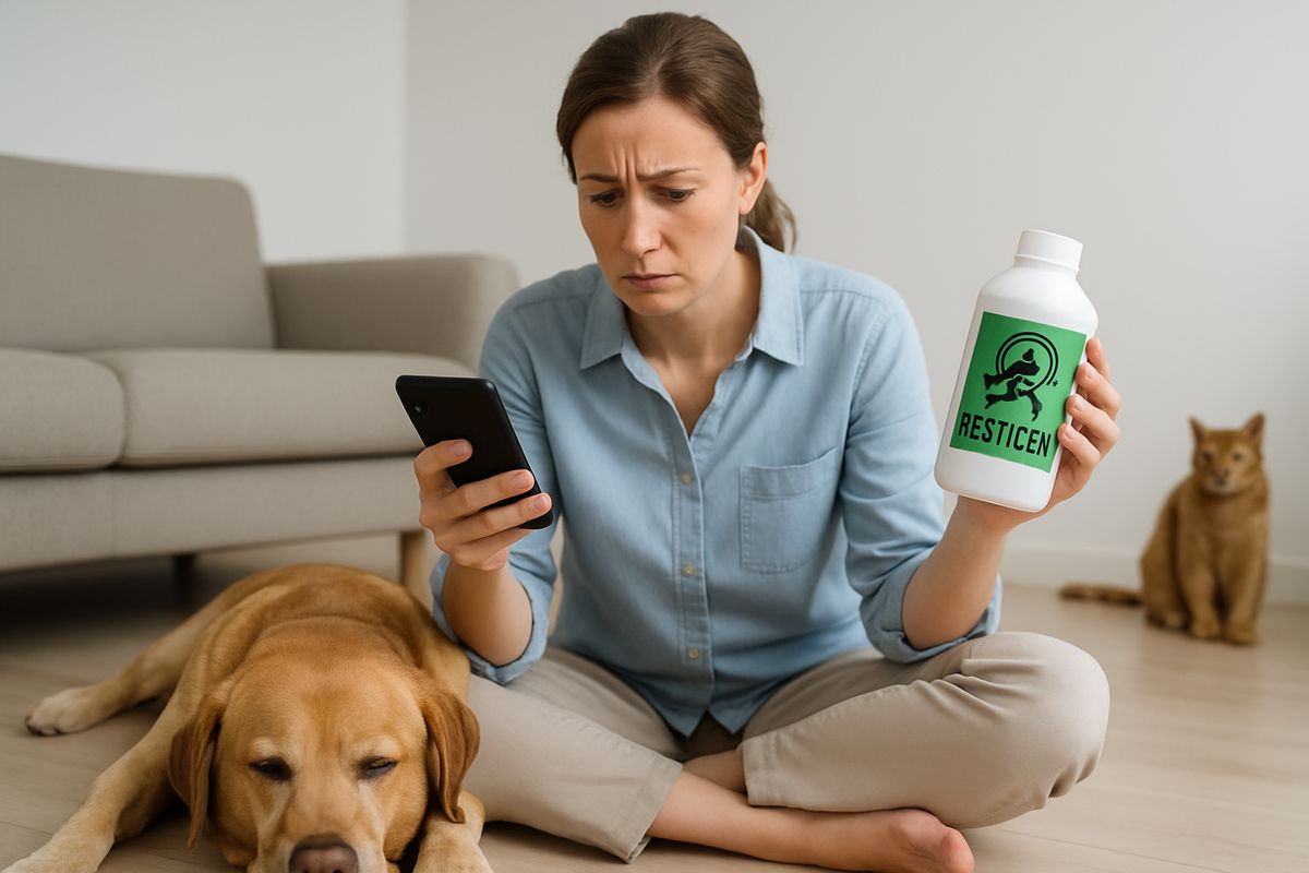 A concerned pet owner sitting on the floor beside a lethargic dog while holding a phone in one hand and a pesticide container in the other, with a cat watching from the background