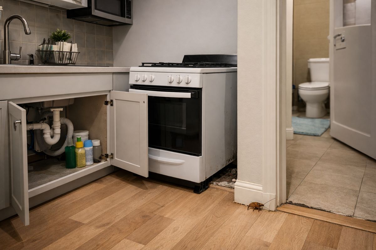 A cramped apartment kitchen at night with the cabinet under the sink open, a stove pulled slightly away from the wall, and a small tan cockroach visible near a baseboard crack beside a bathroom doorway, showing the kinds of hiding spots and warning signs described in the section.