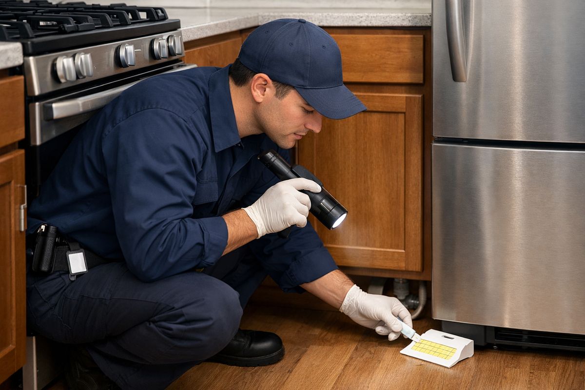 A pest control technician inspecting a cramped Chicago kitchen with a flashlight, crouched near the stove and cabinets, while placing small gel bait dots along cabinet edges and a sticky monitor trap beside the refrigerator, with exposed pipe openings and appliance gaps visible