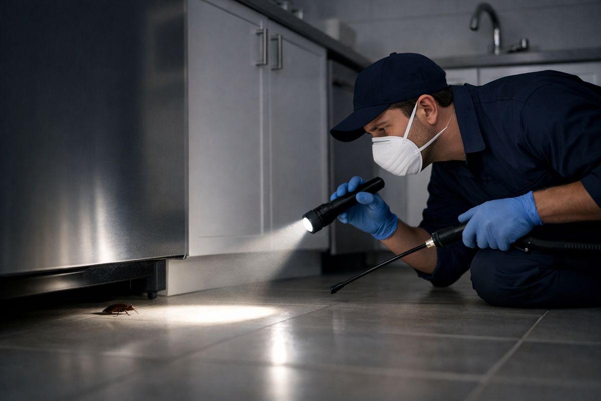 A dim kitchen at night with a roach darting under a stove, a flashlight beam sweeping across the floor, and a pest control technician inspecting behind appliances and along the baseboards near the sink