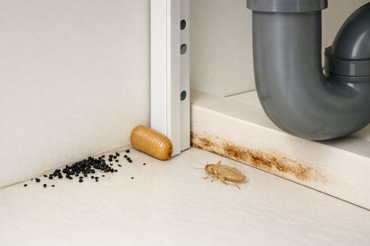 A close-up kitchen scene showing black pepper-like roach droppings scattered in a cabinet corner, a tan egg case tucked beside a shelf support, a papery shed skin near the baseboard, and greasy brown smear marks along the edge of the cabinet wall near a sink pipe