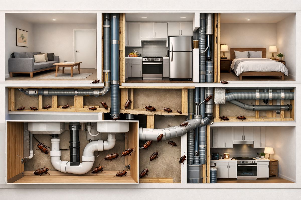 A cutaway view of an apartment building showing roaches moving through wall gaps around plumbing pipes, behind kitchen cabinets, through utility chases, and into adjacent units, with one unit’s under-sink area visibly connecting to neighboring apartments