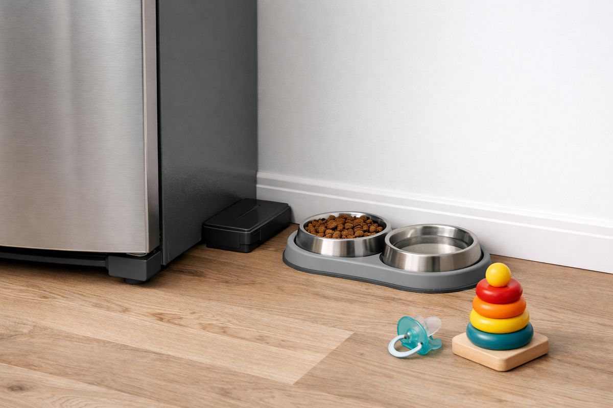 A kitchen corner with a sealed bait station tucked behind a refrigerator, a pet food bowl pushed against the wall on the floor, and a toddler’s toy and pacifier left nearby but outside the treated area