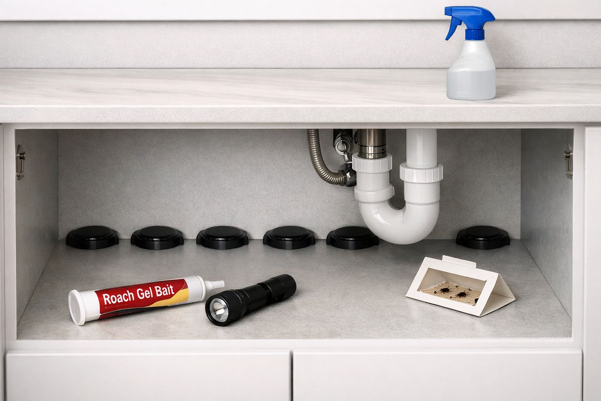 A kitchen under-sink cabinet with several small roach bait stations tucked along the back wall, a tube of gel bait laid beside a flashlight, a glue monitor placed near the plumbing pipe, and a spray bottle left unused on the counter above