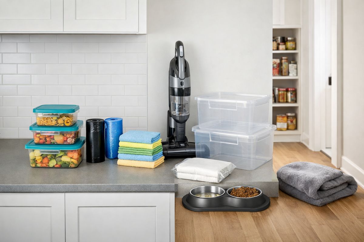 A kitchen counter with sealed food containers, trash bags, cleaning cloths, a vacuum, and clear plastic storage bins gathered beside an open pantry, with a pet bowl and a folded cat bed set off to one side near the doorway.